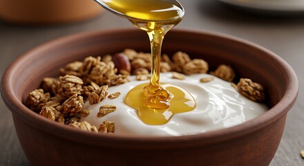 Golden Nectar Pour: A close-up captures a spoon gracefully drizzling a stream of rich, golden honey over a bowl of creamy yogurt and granola, a perfect treat to start the day. 