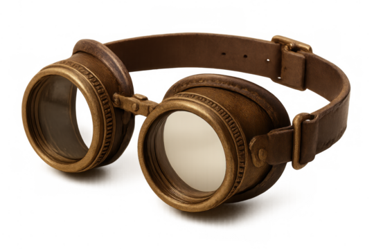 Steampunk goggles with brown leather strap and golden frames are showcased on a transparent background, evoking a sense of adventure and vintage style