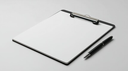 Empty Clipboard with Paper and Pen on White Surface for Office Work and Document Writing or Filling Forms or Taking Notes in a Professional Setting