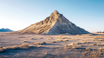 Majestic mountain peak rises above the arid landscape under a clear blue sky, showcasing nature's beauty and rugged terrain.