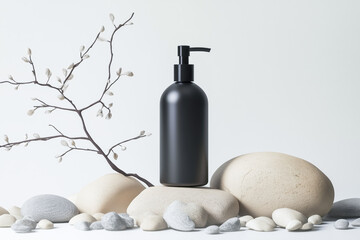 Minimalist beauty product bottle placed artistically on smooth stones, evoking tranquility and natural aesthetic in a serene setting.