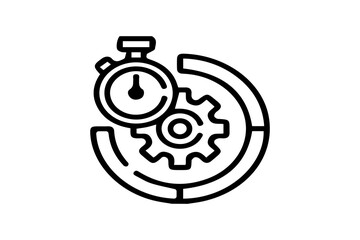 The stopwatch represents time, the gear symbolizes process or mechanism, and the segmented circle indicates progress tracking or monitoring.