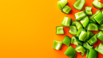 Vibrant green bell pepper chunks on a bright orange background, perfect for healthy cooking and colorful dishes.
