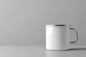 Obraz premium Plain white enamel mug against grey backdrop