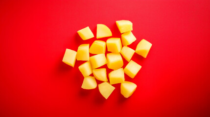 Vibrant yellow cubes of fruit on a bright red background, creating a cheerful and lively food composition.
