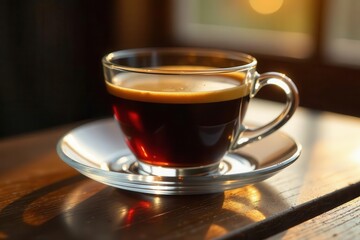 Naklejka premium Aromatic Dark Roast Coffee in a Crystal Cup on a Wooden Table