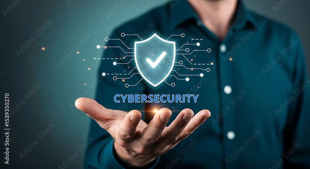 Poster cyber security login interface on laptop screen concept. hands typing on laptop with cybersecurity d