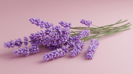 Fresh Purple Lavender Flowers Spilled Over Soft Pink Surface with Green Stems for Aromatherapy and Natural Herbal Use