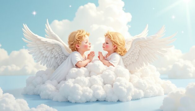 Two cherubic angels seated on a fluffy cloud.