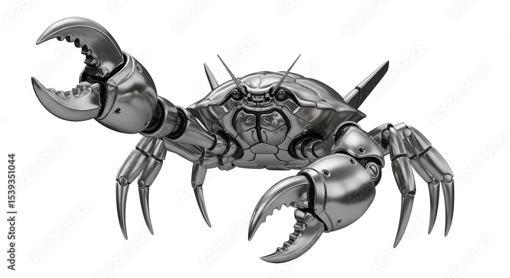 Poster metallic crab sculpture with sharp claws on transparent background