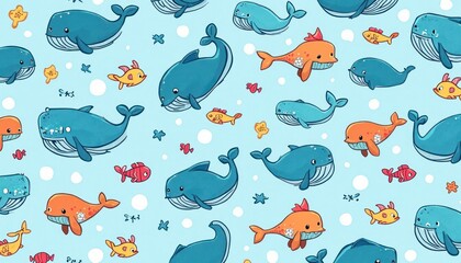 Cute whales and fish pattern on a light blue background.