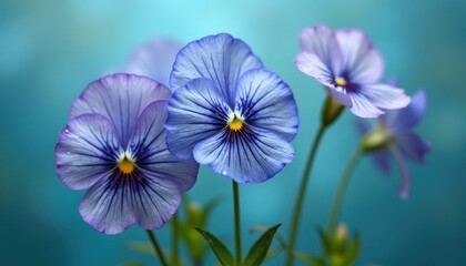 Close-up of delicate, light purple pansies against a teal backdrop.