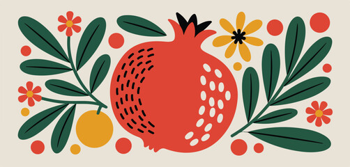 Decorative illustration of a pomegranate with flowers and leaves on a light beige background