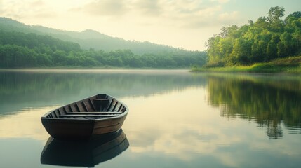 Serene early morning landscape scene featu a solitary wooden boat floating on a calm mirror-like river surrounded by lush green trees and distant hills under soft sunrise light