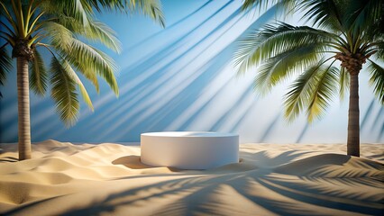 "White podium on sand with palm shadows and bright sunlight"