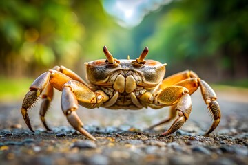 Golden Crab Close Up on Rocky Ground with Green Background