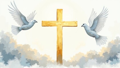 Two doves in flight near a golden cross.