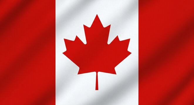 Canadian flag with red background, white square centered, stylized red maple leaf; flat design, vibrant colors, balanced composition.