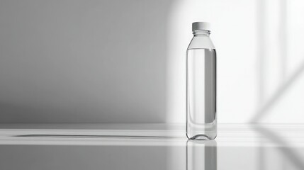 Clear glass water bottle standing upright on white surface with soft natural light and shadow, minimalist design, no label or cap, clean yet elegant look