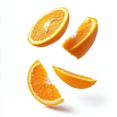 Sliced oranges falling on white background