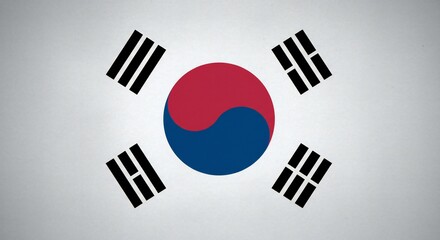 South Korean flag with a central yin-yang in red and blue, surrounded by four black trigrams against a light gray background, symbolizing harmony and balance.