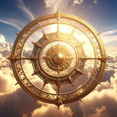 Naklejka premium a golden object composed of concentric rings is suspended in the air. sunlight bursts from the center of the rings, creating a radiant glow