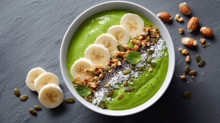 Green Smoothie Bowl: A studio image vibrant green smoothie bowl fresh toppings banana slices seeds nuts.