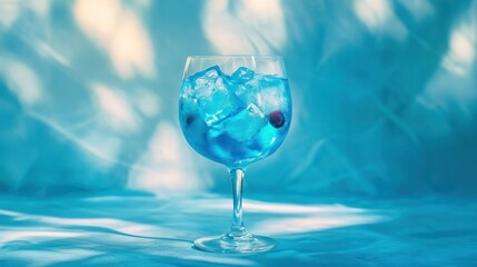 Elegant cocktail glass filled with bright blue beverage and ice cubes, vibrant summer refreshing drink with a blurred colorful background, high quality