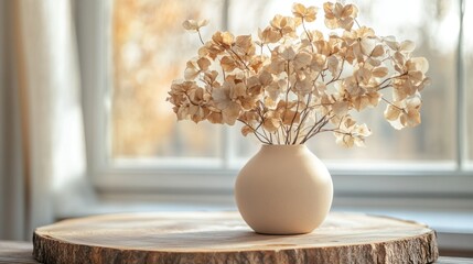 Elegant minimalist beige dried hydrangea flower arrangement in a smooth round ceramic vase placed on a rustic wooden surface near a bright window with soft natural light