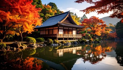 Autumn Temple Pond Reflection.