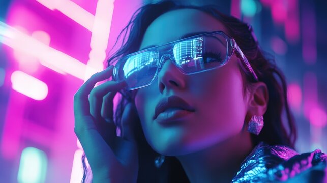 Hispanic woman wearing smart glasses interacting with holographic shopping interface in futuristic city environment with vibrant neon colors. Augmented reality technology and digital commerce. - Powered by Adobe