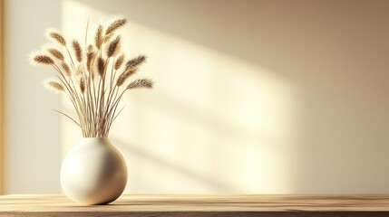 Elegant and Minimalist White Vase with Dried Pampas Grass Arrangement on Light Wooden Surface in Soft Natural Sunlight for Modern Home Decor