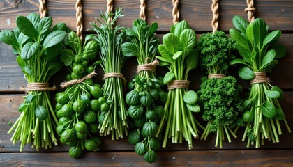 Assorted fresh herbs tied and hanging.