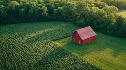 Aerial drone shot of a vibrant red barn standing out against lush green fields under a blue sky, capturing rural charm and color contrast in a peaceful countryside setting celebrating farm life