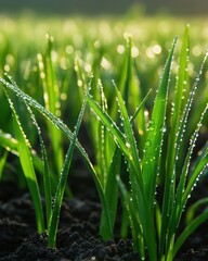 Close up of healthy green plants thriving in rich fertile soil with dewdrops glistening in early morning sunlight showcasing environmental sustainability concept