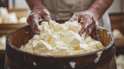 Close up of skilled hands churning fresh homemade butter in rustic wooden barrel with natural lighting highlighting creamy texture in traditional farmhouse kitchen