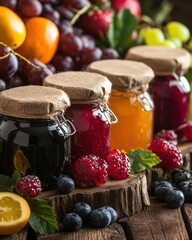 Close up of colorful glass jars filled with homemade fruit jams featuring handwritten labels neatly arranged with fresh fruits on rustic wooden surface textures
