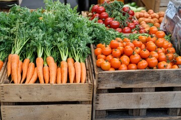 Close up of fresh organic produce including carrots tomatoes and herbs neatly arranged in wooden crates at local farmers market showcasing bright colors and farm life