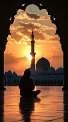 Silhouette of person praying at sunrise with mosque in background creating serene peaceful mood for Ramadan celebration and Islamic spiritual worship concept. Muslim prayer silhouette at dawn.