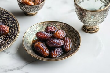 Ramadan Iftar meal with traditional dates, water, and colorful dishes showing Islamic cultural celebration and religious feast concept. Traditional Iftar breaking fast meal featuring dates.