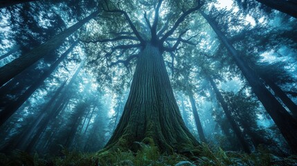 Enormous ancient tree glowing in primeval forest atmosphere. Carbon cycle dominance and environmental conservation in old growth wilderness ecosystem. Carbon absorption and climate change mitigation.