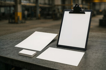 Maqueta de portapapeles y papelería en blanco sobre una mesa y fondo industrial, ideal para branding y presentaciones profesionales