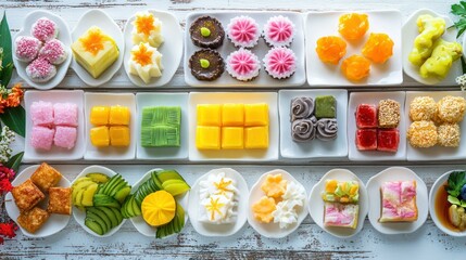 Assorted colorful traditional Japanese wagashi sweets and confections arranged in a row on a white tray for tea or celebration with various vibrant flavors and intricate designs