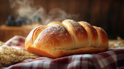 Freshly baked soft bread roll with golden crust dusted with flour resting on a checkered cloth in a cozy kitchen setting for breakfast or bakery food photo