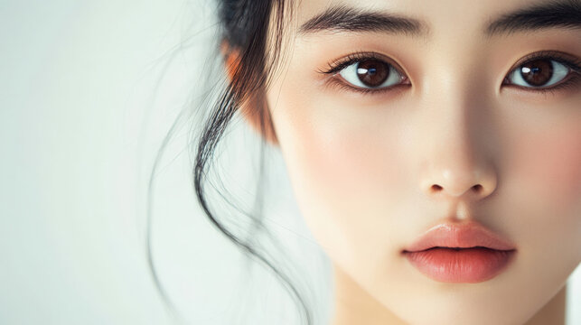 Japanese woman with expressive eyes and minimal makeup showcasing authentic natural beauty for organic cosmetics and skincare product marketing concept.