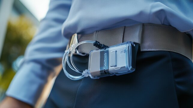 Closeup of a modern insulin pump clipped to a waistband with tubing in view, highlighting wearable medical technology used by individuals managing diabetes through real-time glucose control.