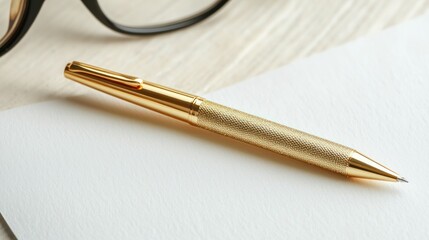 Elegant Gold Pen Resting on White Paper on Wooden Desk Surface with Stationery and Office Supplies in the Background for Business and Office Work Concepts