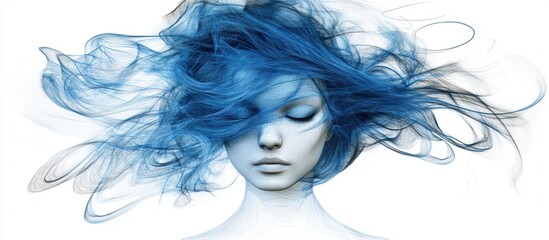 Fototapeta premium Surreal woman's portrait with flowing blue hair, ethereal abstract conceptualization