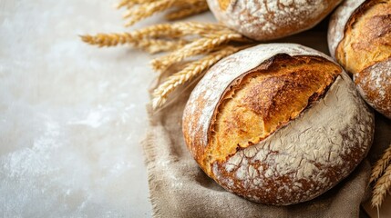 Close-up of freshly baked rustic bread rolls with cracked crust and powdered flour on surface, artisanal baked bread with wheat stalks for bakery or breakfast scenes