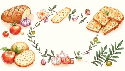 Hand-drawn illustration of various types of bread, tomatoes, and garlic, arranged in a circular frame.